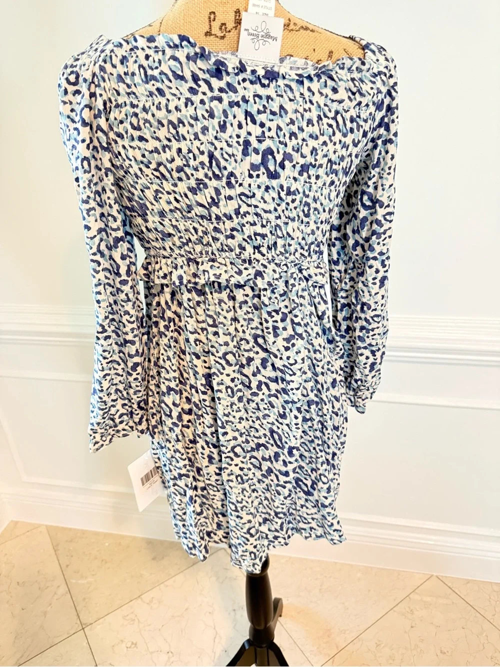 Smocked Blue Leopard Print Women’s Dress